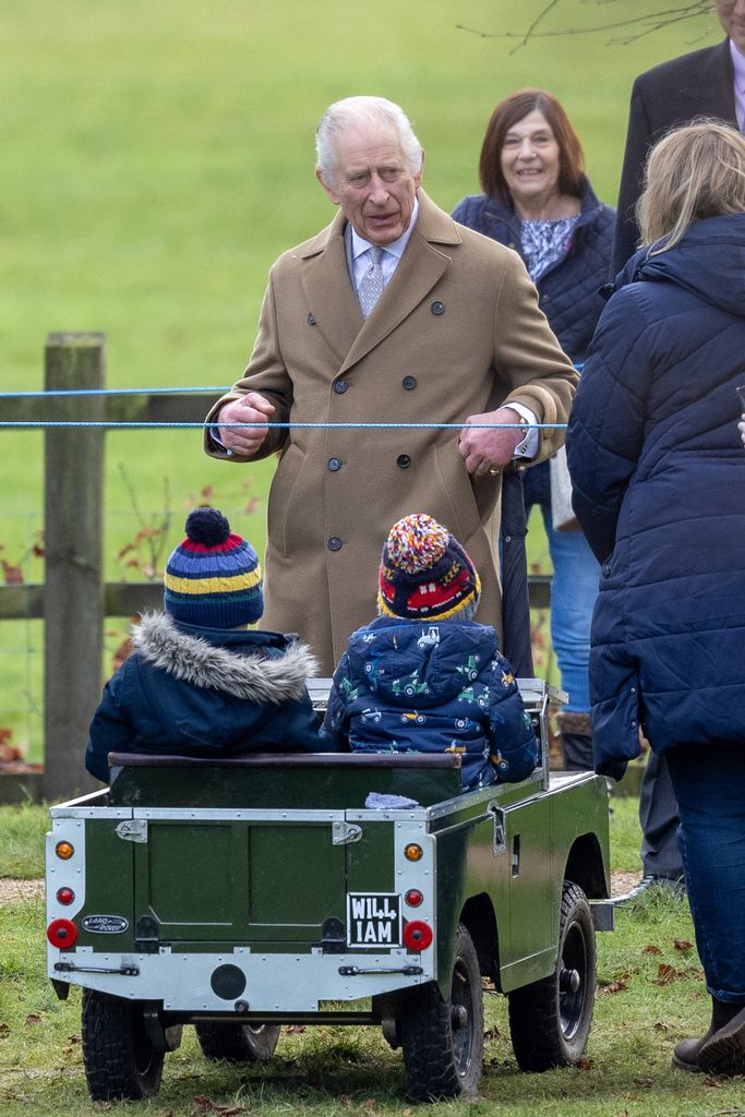 King Charles III talks to Simon and Georgina Ward and their sons William and Oliver after attending a Sunday church service at St Mary Magdalene Church in Sandringham, Norfolk. Picture date: Sunday January 7, 2024.