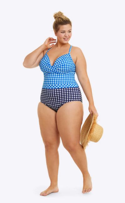 reese witherspoon blue gingham color block swimsuit