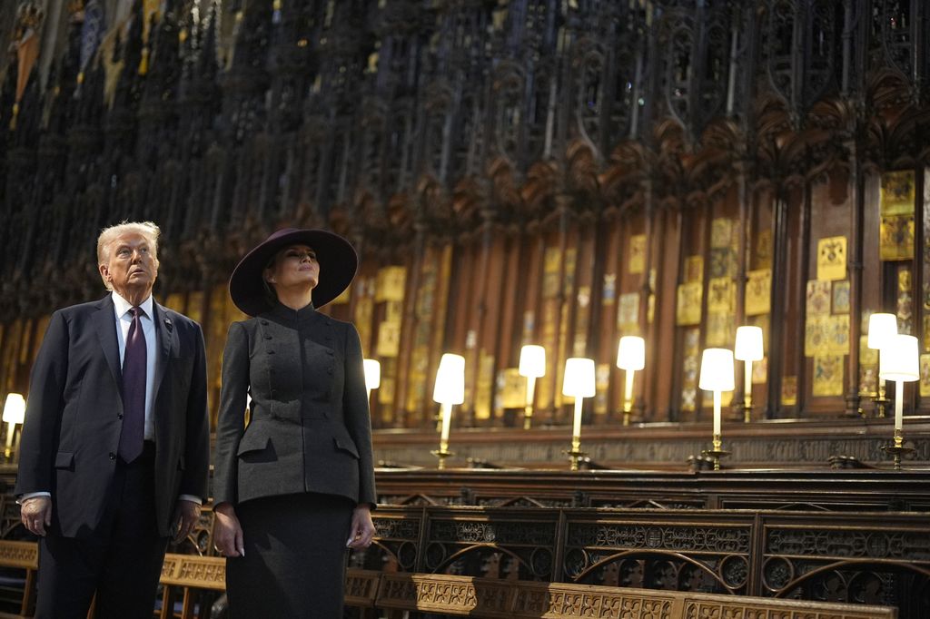 US President Donald Trump and First Lady Melania Trump during their visit to St George's Chapel at Windsor Castle during the State visit by the President of the United States of America on September 17, 2025