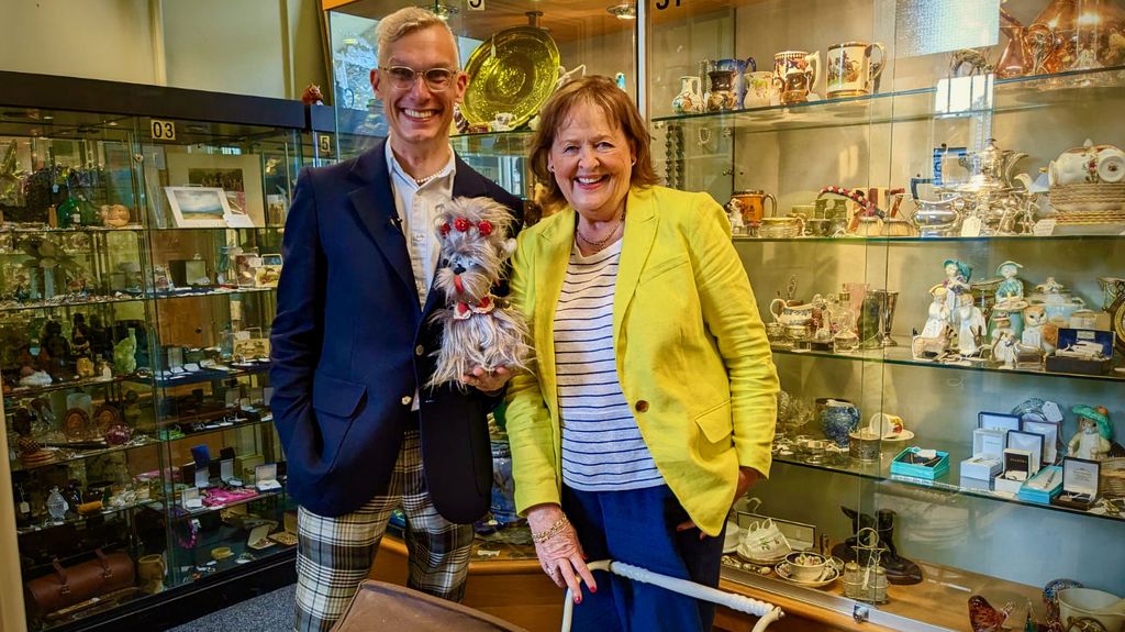 Mark Hill and Margie Cooper inside an antiques shop