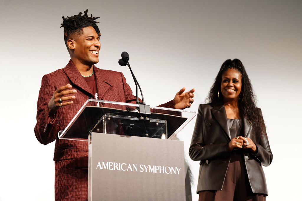 Jon Batiste and Michelle Obama attend the American Symphony New Orleans Premiere on December 07, 2023 in New Orleans, Louisiana