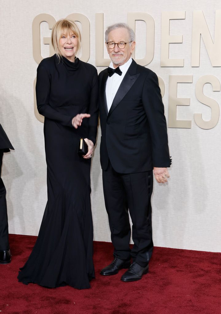 Kate Capshaw and Steven Spielberg on the red carpet of the 81st Annual Golden Globe Awards held at the Beverly Hilton Hotel on January 7, 2024.