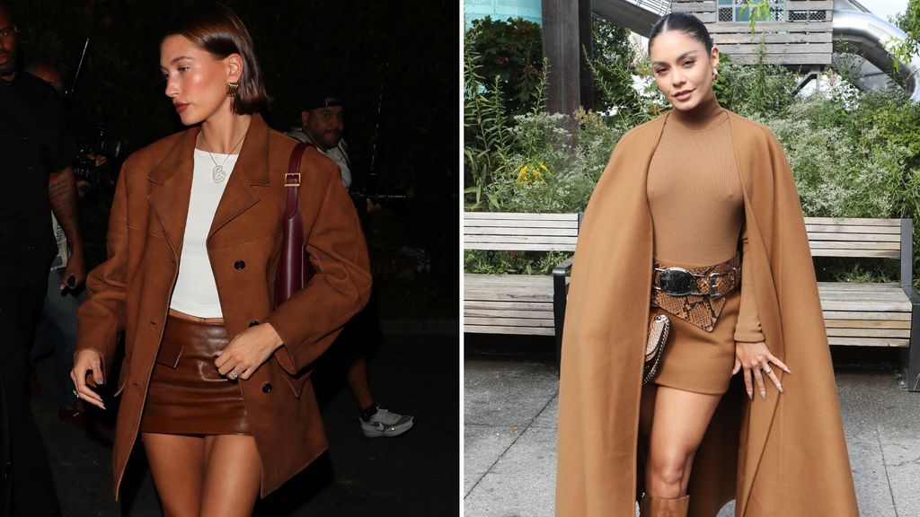 Hailey Bieber and Vanessa Hudgens sporting brown mini skirts this autumn