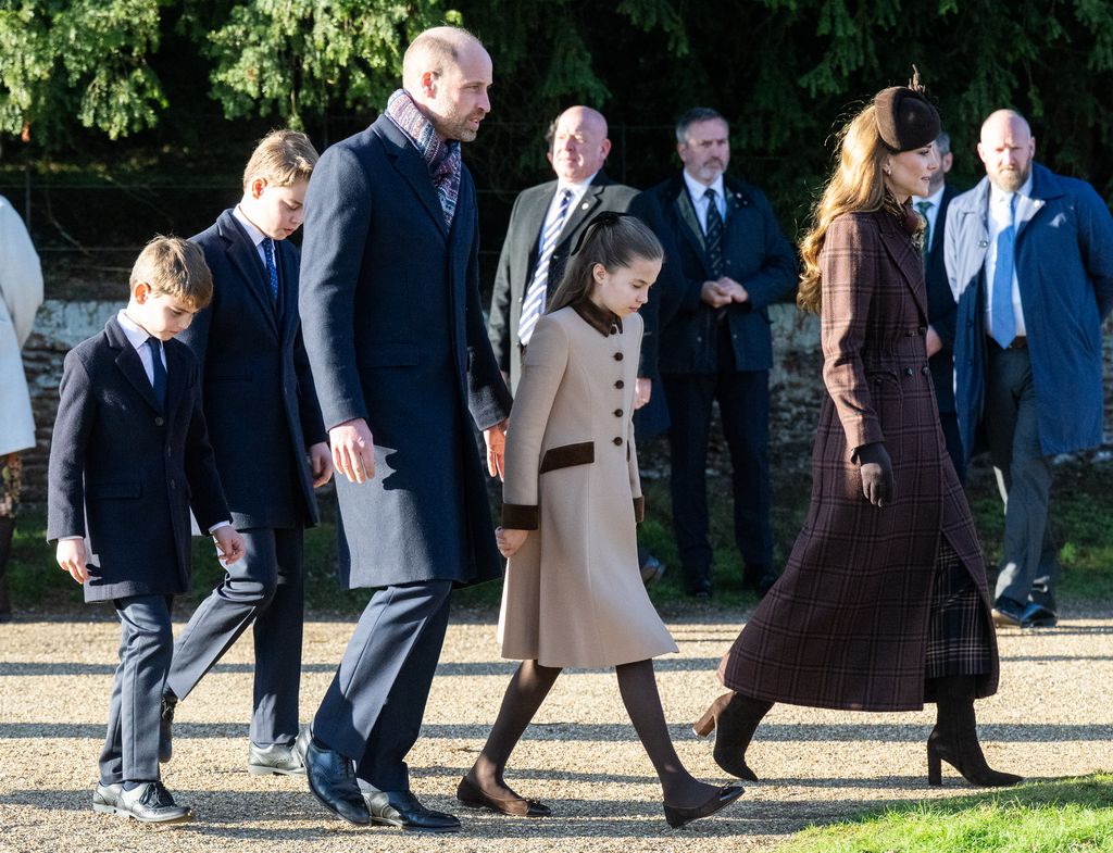 SANDRINGHAM, NORFOLK - DECEMBER 25: Prince George of Wales, Prince Louis of Wales Prince William, Prince of Wales, Catherine, Princess of Wales and Princess Charlotte of Wales attend the Christmas Morning Service at Sandringham Church on December 25, 2025 in Sandringham, Norfolk. attend the Christmas Morning Service at Sandringham Church on December 25, 2025 in Sandringham, Norfolk. (Photo by Samir Hussein/WireImage)