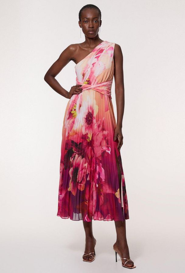 Karen Millen Ombre Floral Soft Pleated One Shoulder Maxi Dress