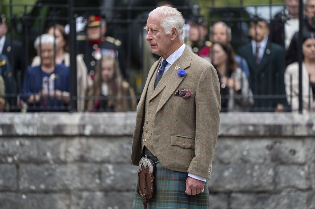 King Charles III during the National Anthem before inspecting the Balaklava Company, 5th Battalion, The Royal Regiment of Scotland