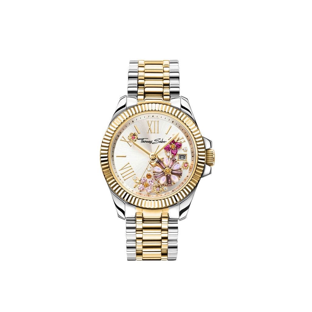 Montre femme fleurs en pierres de couleur rose bicolore