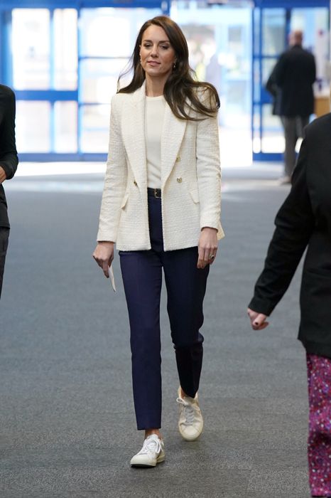 Kate Middleton in cropped trousers and white blazer