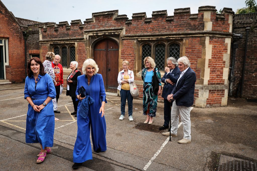 Queen Camilla arrives to attend a reception for the inaugural Queen's Reading Room Literary Festival at Hampton Court Palace on June 11, 2023 in London, England. 