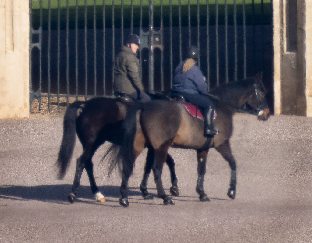 Andrew Mountbatten Windsor is seen out riding with a groom at Windsor Castle today for the first time since losing his royal titles. 