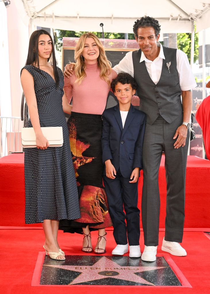 Stella Luna Ivery, Ellen Pompeo, Eli Ivery, Chris Ivery at the ceremony honoring Ellen Pompeo with a star on the Hollywood Walk of Fame on April 29, 2025 in Hollywood, California