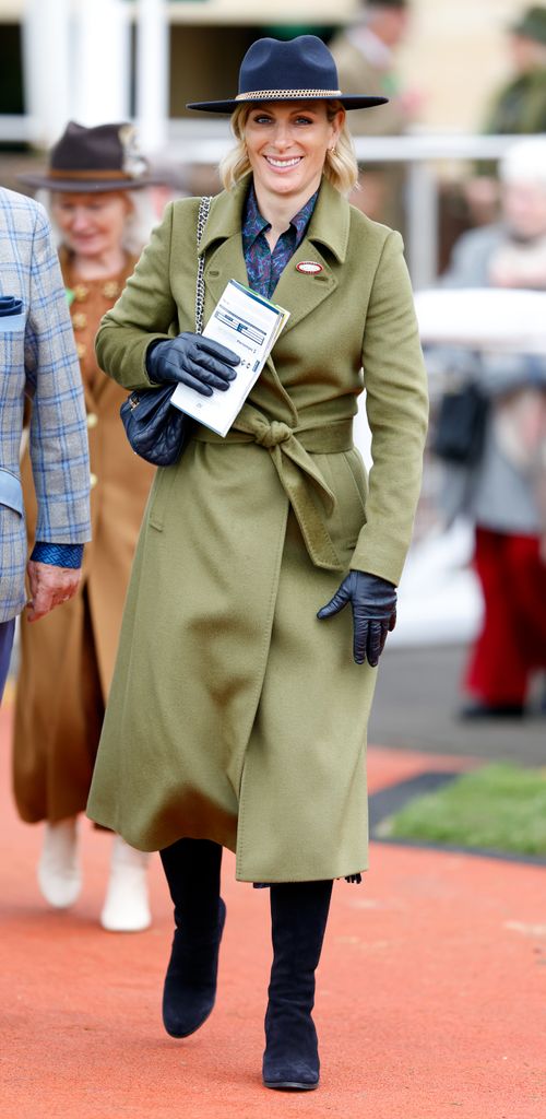 Zara Tindall in khaki coat and fedora hat