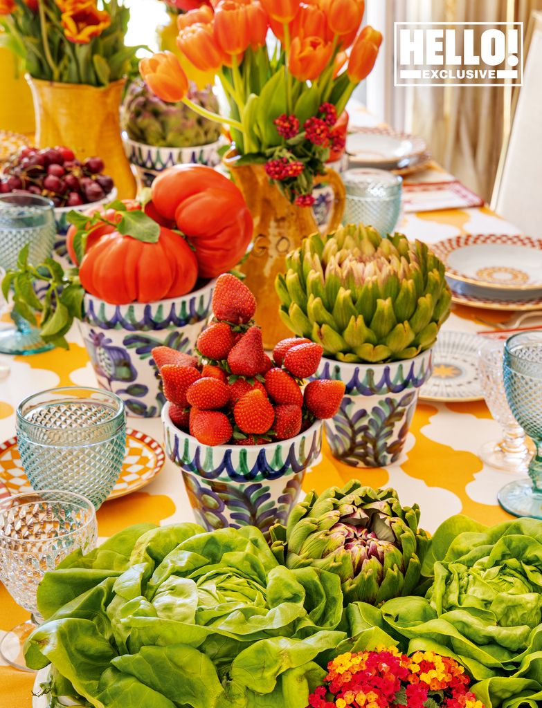 Veronica Schmidt's Marbella home tablescaping with fruit and vegetables