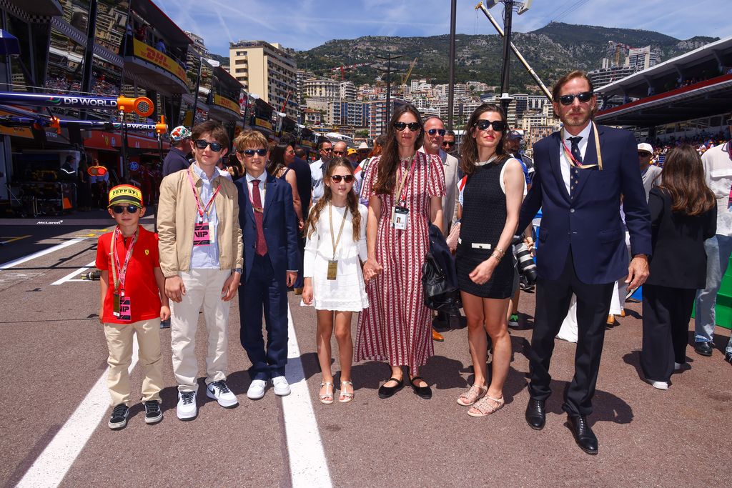 Maximilian Casiraghi, Raphael Elmaleh, Alexandre Casiraghi, India Casiraghi, Tatiana Santo Domingo, Charlotte Casiraghi and Andrea Casiraghi attend the F1 Grand Prix Of Monaco on May 25, 2025