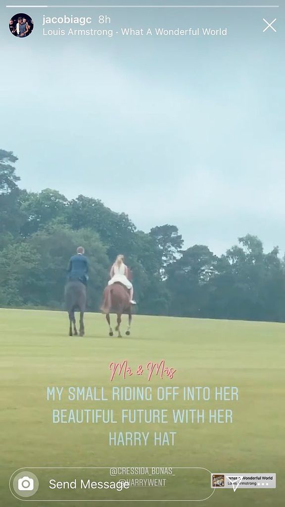 Cressida Bonas and her husband Harry riding on a horse on their wedding day