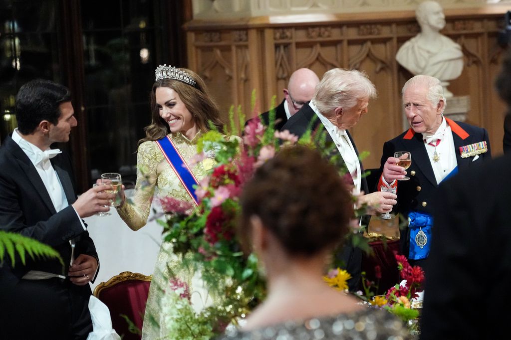 Kate Middleton clinking glasses with Michael Boulos, while Donald Trump does the same with King Charles