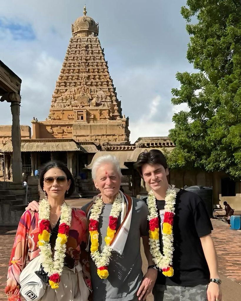 Michael Douglas, Catherine Zeta-Jones, and Dylan Douglas captured in photos shared from a family trip to Thanjavur, India
