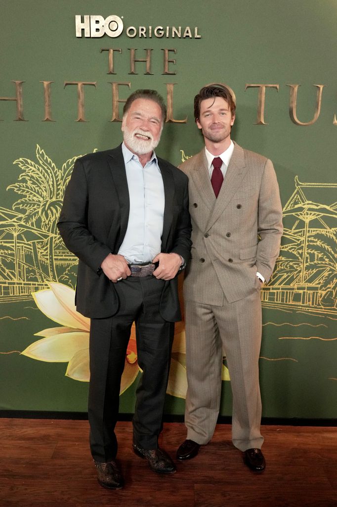 Arnold Schwarzenegger and Patrick Schwarzenegger attend the world premiere of "The White Lotus" Season 3 at Paramount Studios on February 10, 2025 in Los Angeles, California