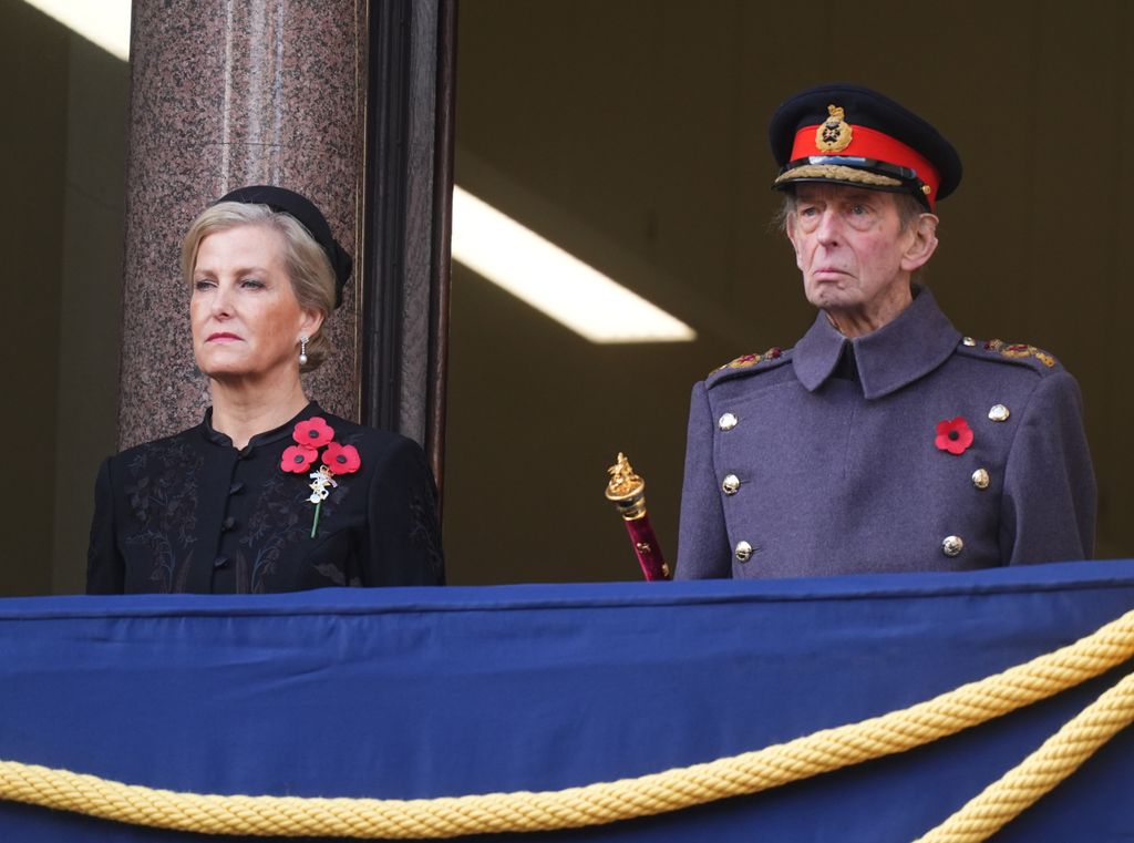 The Duchess of Edinburgh and the Duke of Kent watch from a balcony at the Foreign, Commonwealth and Development Office during the Remembrance Sunday service at the Cenotaph in London