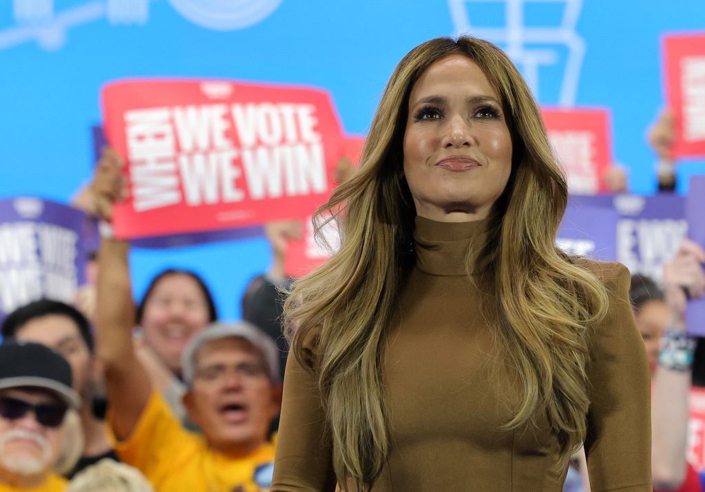 Jennifer Lopez arrives at a "When We Vote We Win" campaign rally for Democratic presidential nominee and U.S. Vice President Kamala Harris at Craig Ranch Amphitheater 