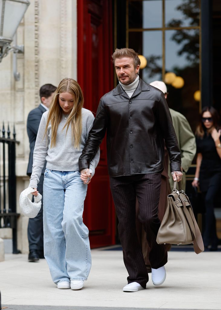 Harper Beckham and David Beckham are seen on September 29, 2024 in Paris, France.  (Photo by Rachpoot/Bauer-Griffin/GC Images)