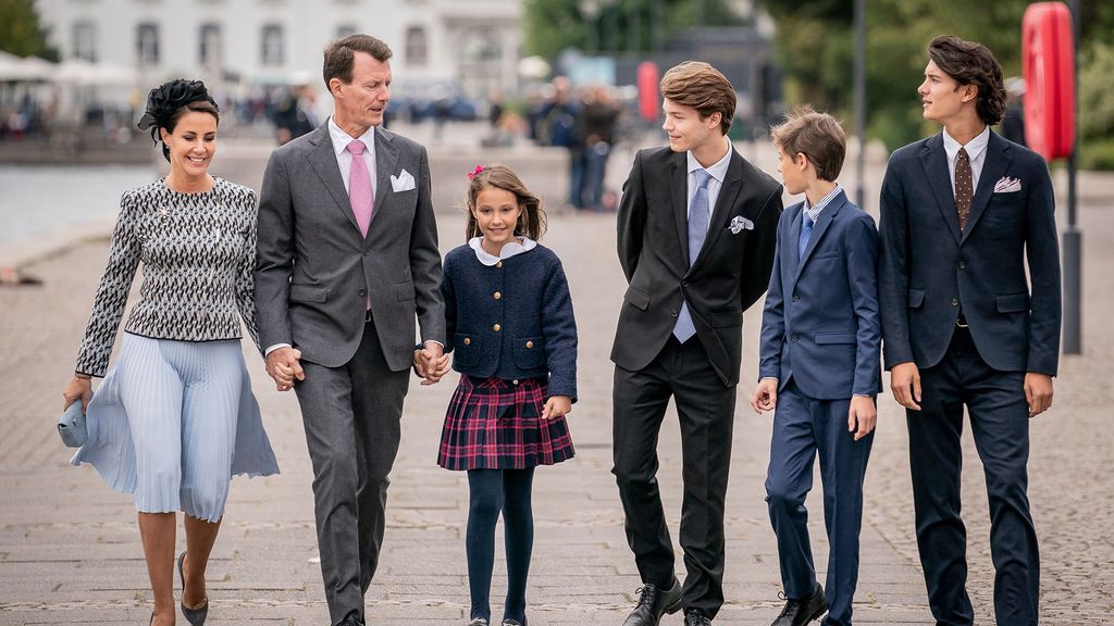 Prince Felix, Princess Marie, Prince Joachim, Princess Athena, Prince Henrik and Prince Nikolai arrive for a luncheon on the Dannebrog Royal Yacht in 2022