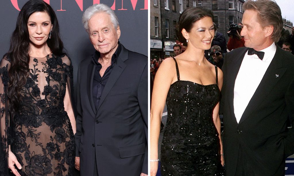 Michael Douglas and Catherine Zeta-Jones stood next to eachother on the right and a younger version of them on the right