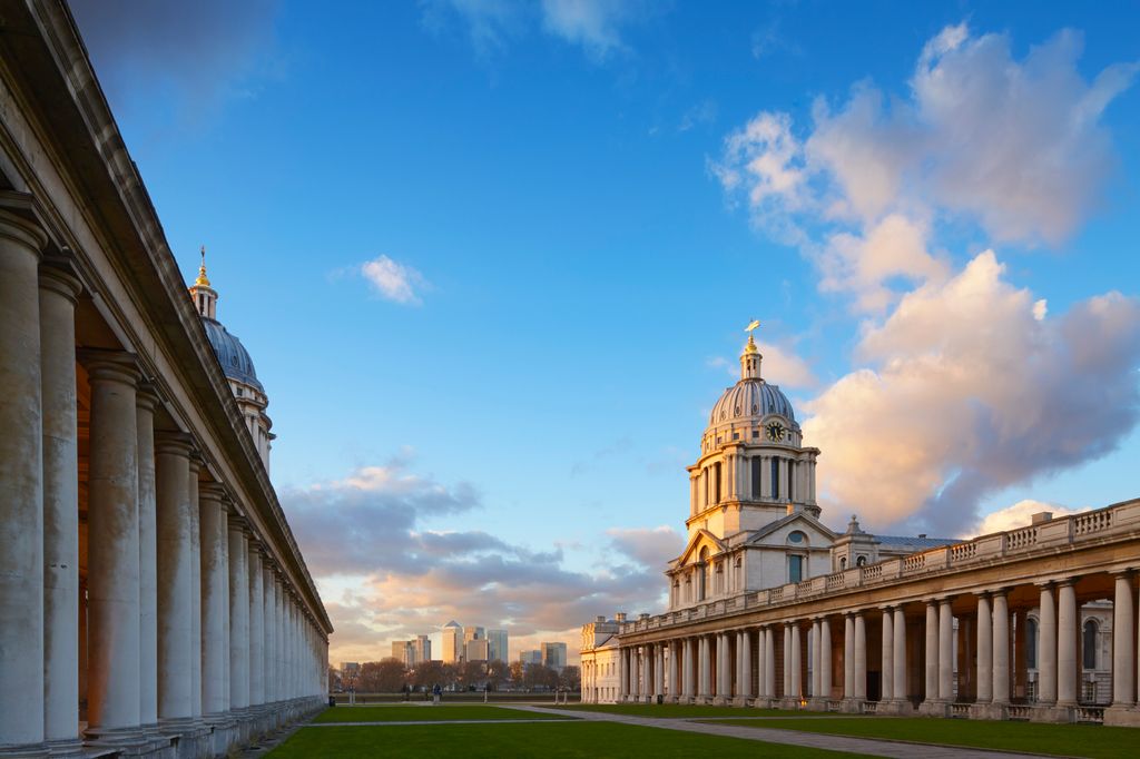 The Old Royal Naval College and Canary Wharf, Greenwich, London.