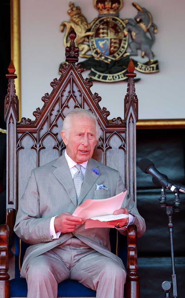  King Charles III attends the Special Sitting of the States of Deliberation of Guernsey Parliament during an official visit to Guernsey on July 16