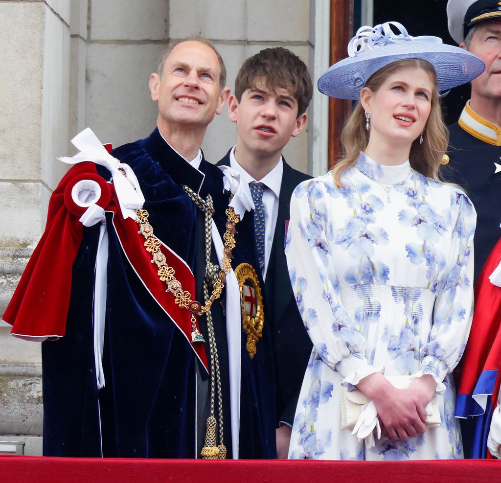 Prince Edward standing with James, Earl of Wessex and Lady Louise Windsor