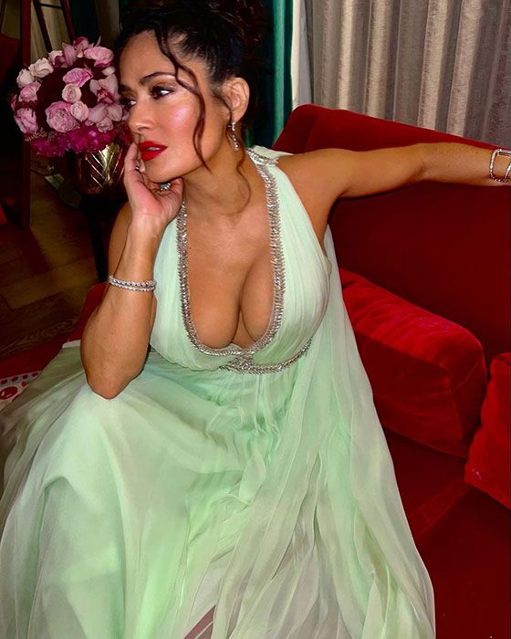 Salma Hayek in her green wedding guest dress
