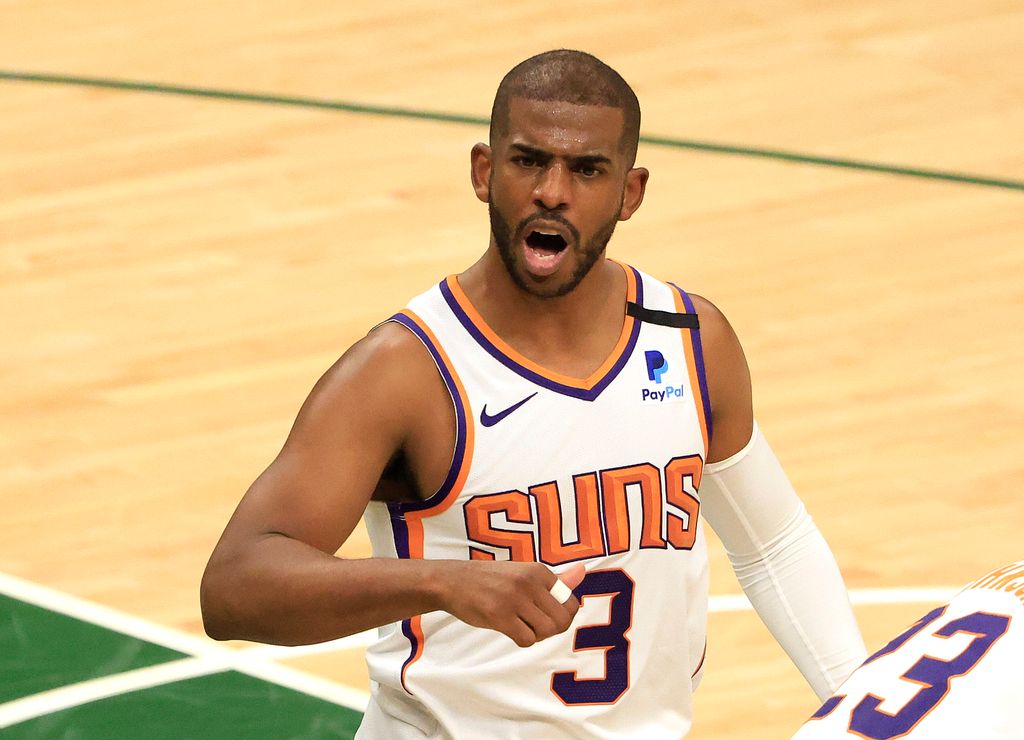 Chris Paul #3 of the Phoenix Suns reacts against the Milwaukee Bucks during the second half in Game Three of the NBA Finals in 2021
