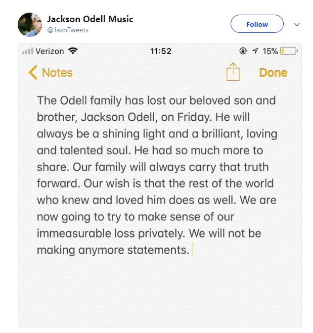 jackson odell statement of death