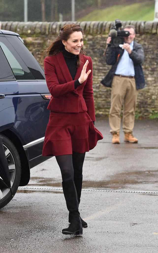 Kate Middleton wearing a burgundy skirt in 2017 in South Wales