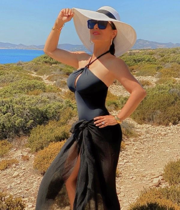 salma hayek black swimsuit