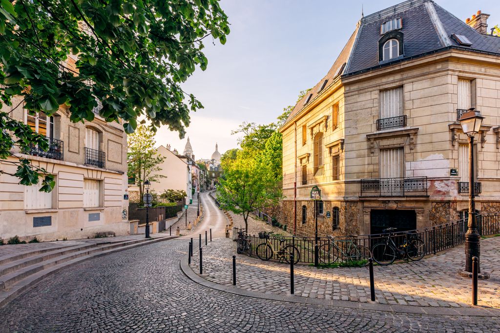 Cobblestone street in Montmartre in summer, Paris, France