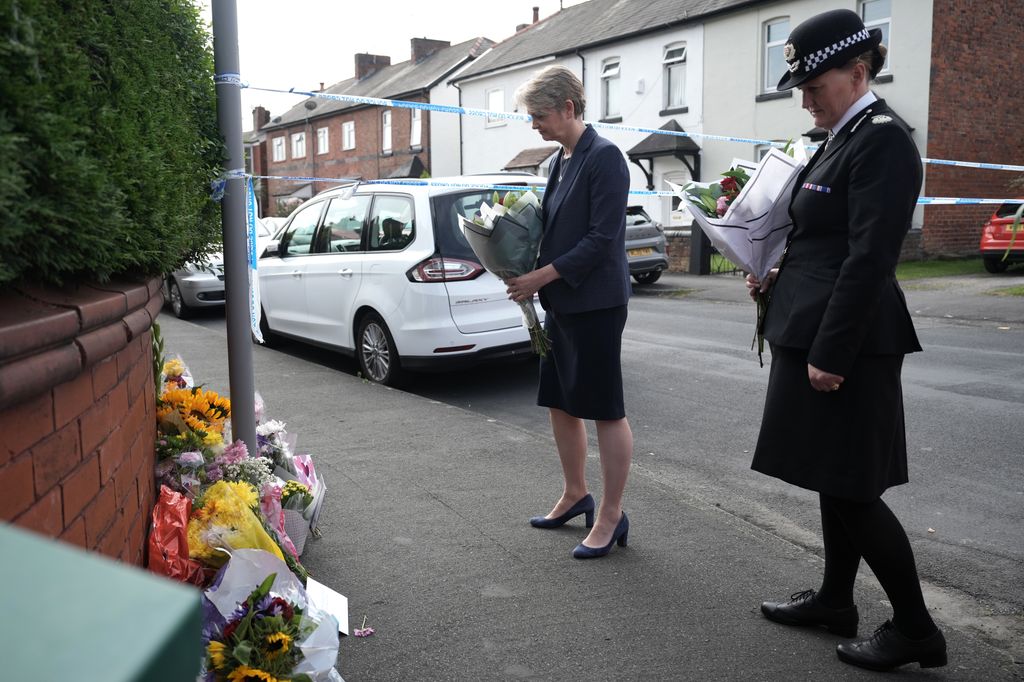 UK Home Secretary Yvette Cooper arrives to pay tribute to the child victims of a knife attack on July 30, 2024 in Southport, England