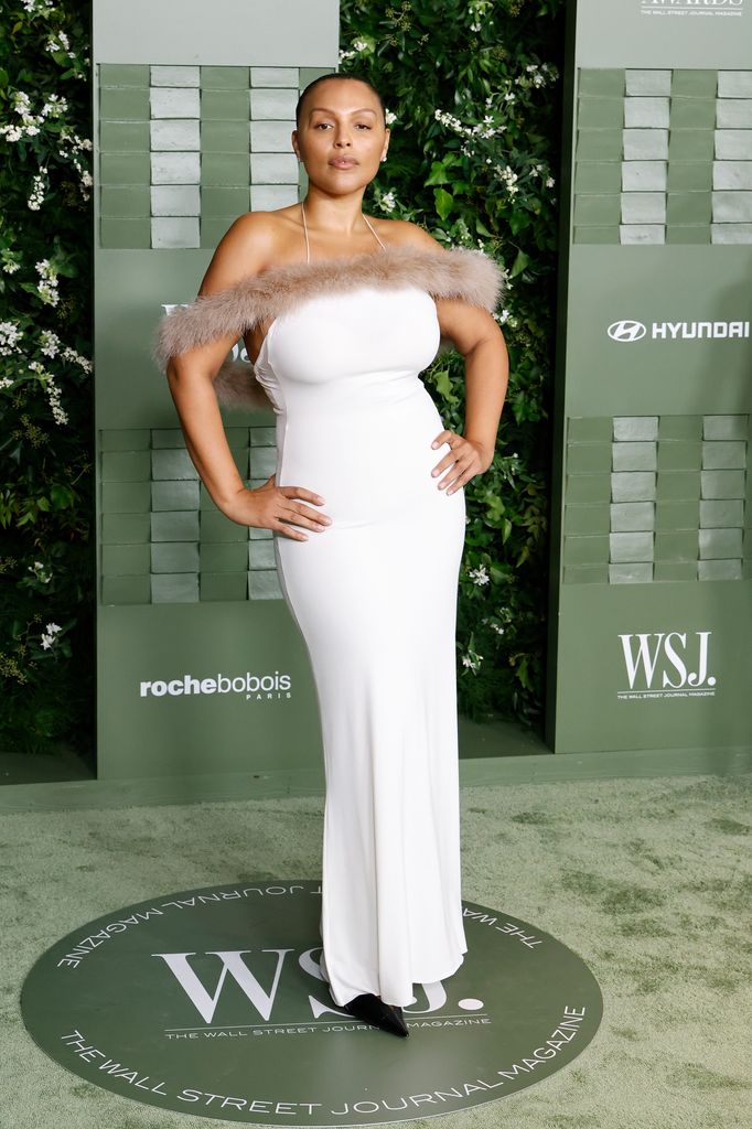 Paloma Elsesser in a white halter dress with a fur trim at the 2024 WSJ Innovator Awards.