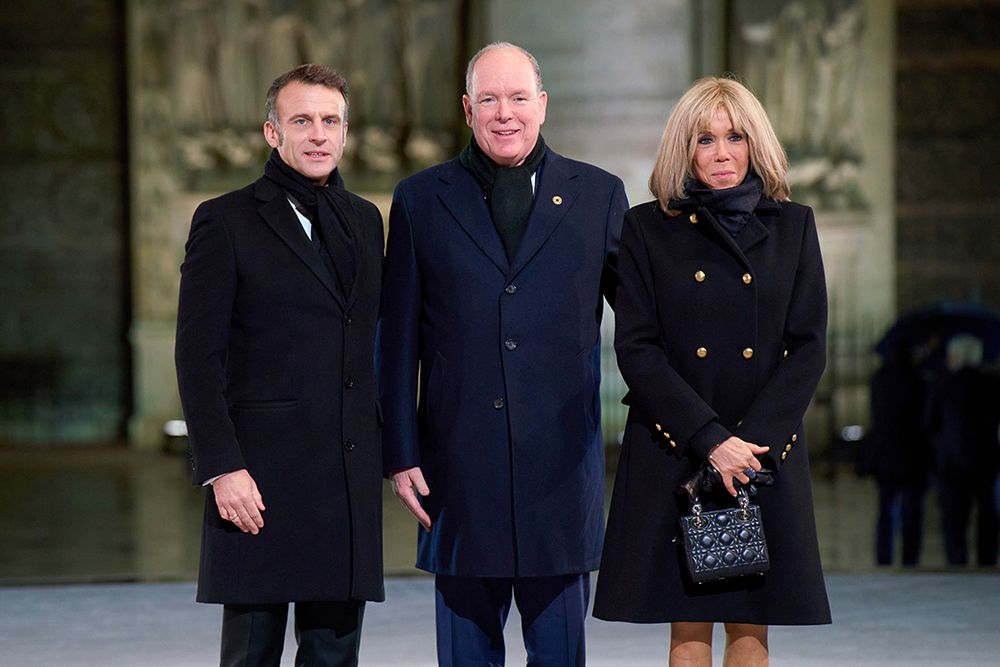 President of France, Emmanuel Macron, Prince Albert II of Monaco and Brigitte Macronrigitte Macron at Notre Dame