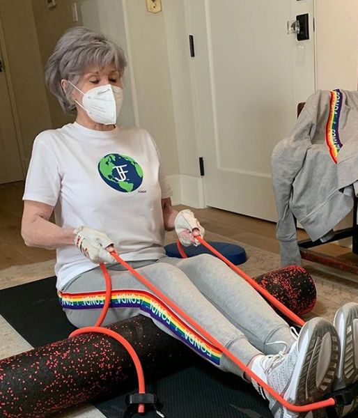 Jane Fonda working out in a home gym