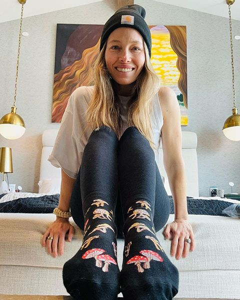 jessica biel wearing fun socks for world down syndrome day