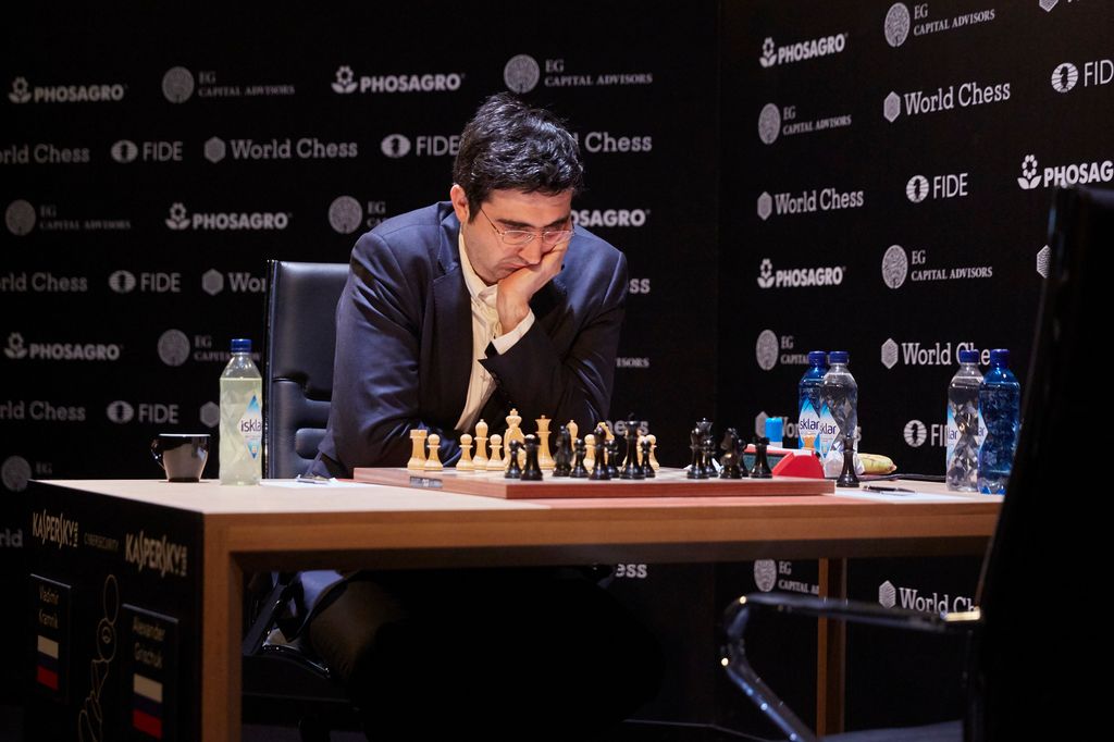 Vladimir Kramnik is seen playing the first round at the First Move Ceremony during the World Chess Tournament on March 10, 2018 in Berlin, Germany