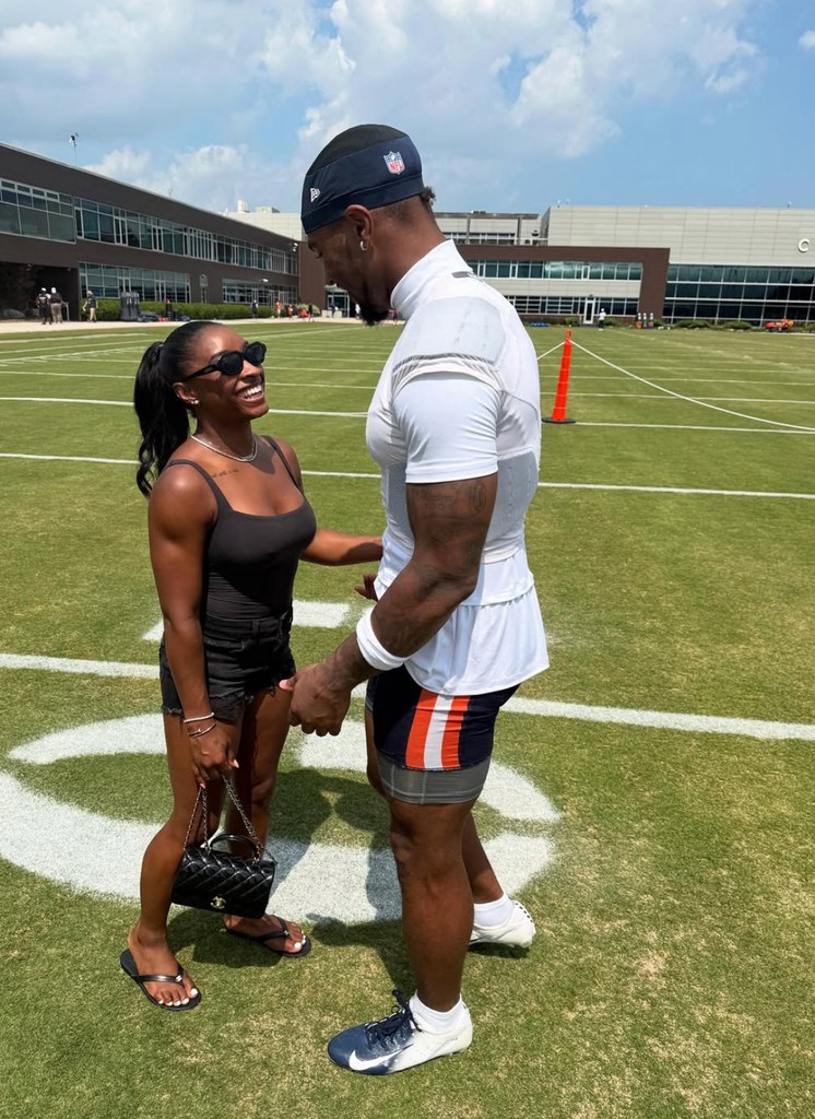 Photo shared by Simone Biles on Instagram visiting Jonathan Owens at football training