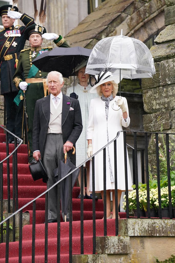 King Charles III, Queen Camilla and the Princess Royal attend a garden party at Palace of Holyroodhouse