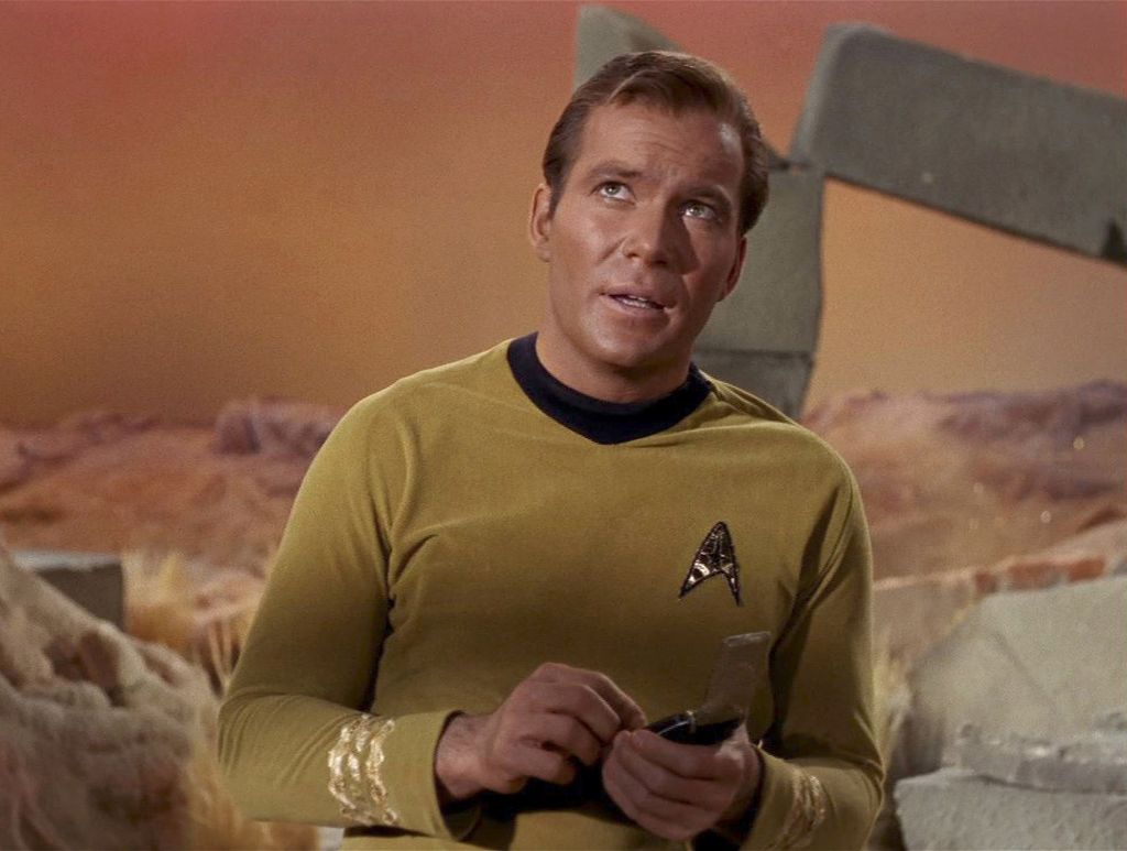Canadian actor William Shatner glances upwards in a scene from an episode of the television series 'Star Trek' entitled 'The Man Trap,' 1966. The episode was the first broadcast episode of the influential series--it originally aired on September 8, 1966. (Photo by CBS Photo Archive/Getty Images)