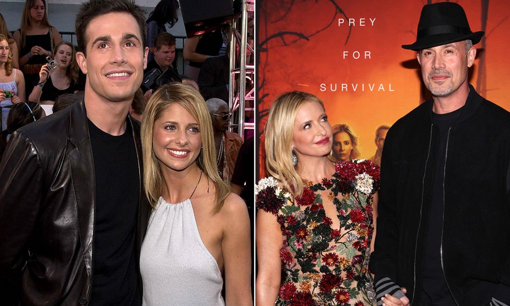 Sarah Michelle Gellar and Freddie Prinze Jr. smiling on the left and a younger version of them on the right