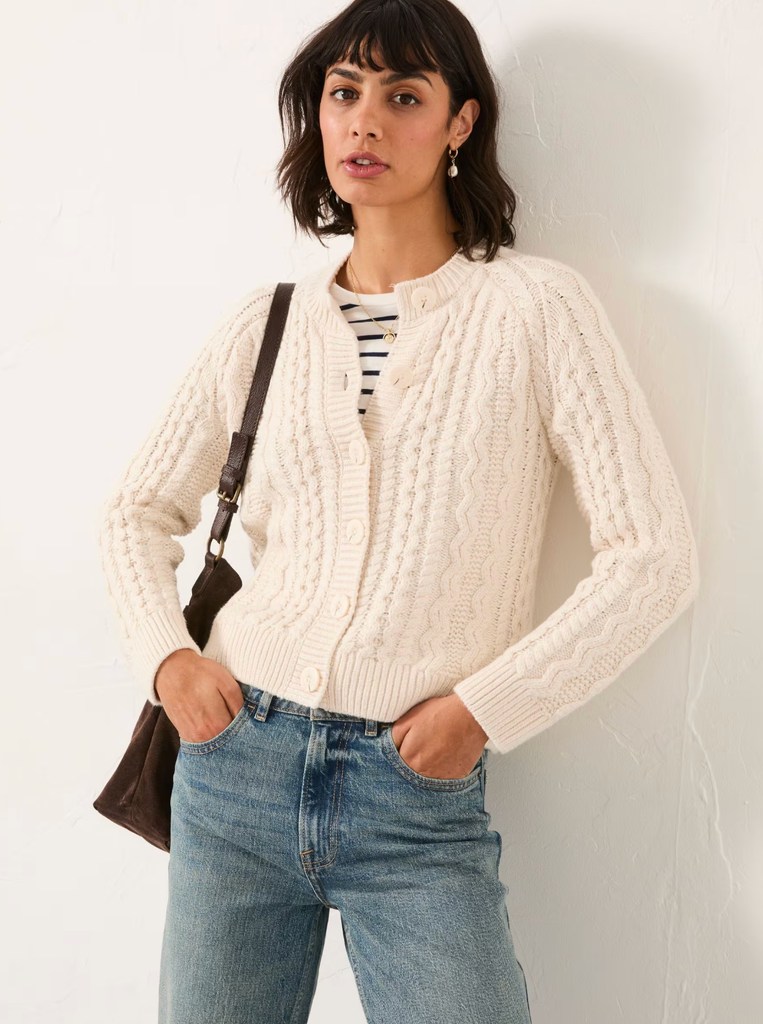 Faye Chalk White Cable Crew Neck Knitted Cardigan