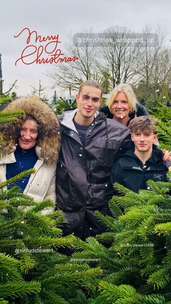 family of four posing for photo with fir trees 