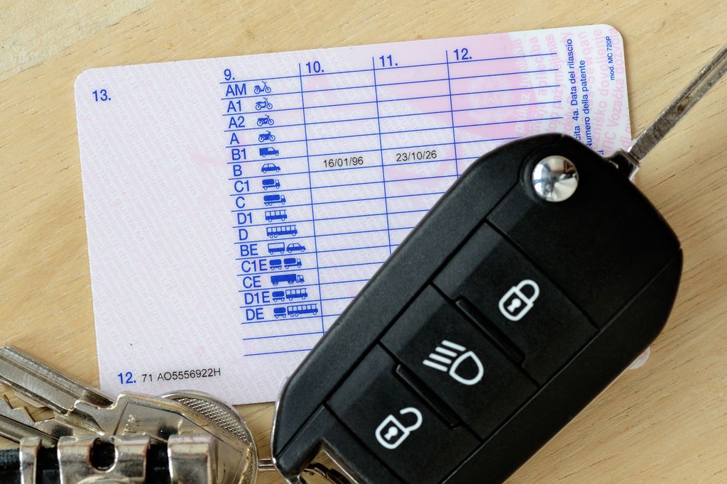 Driving license with car key on a table