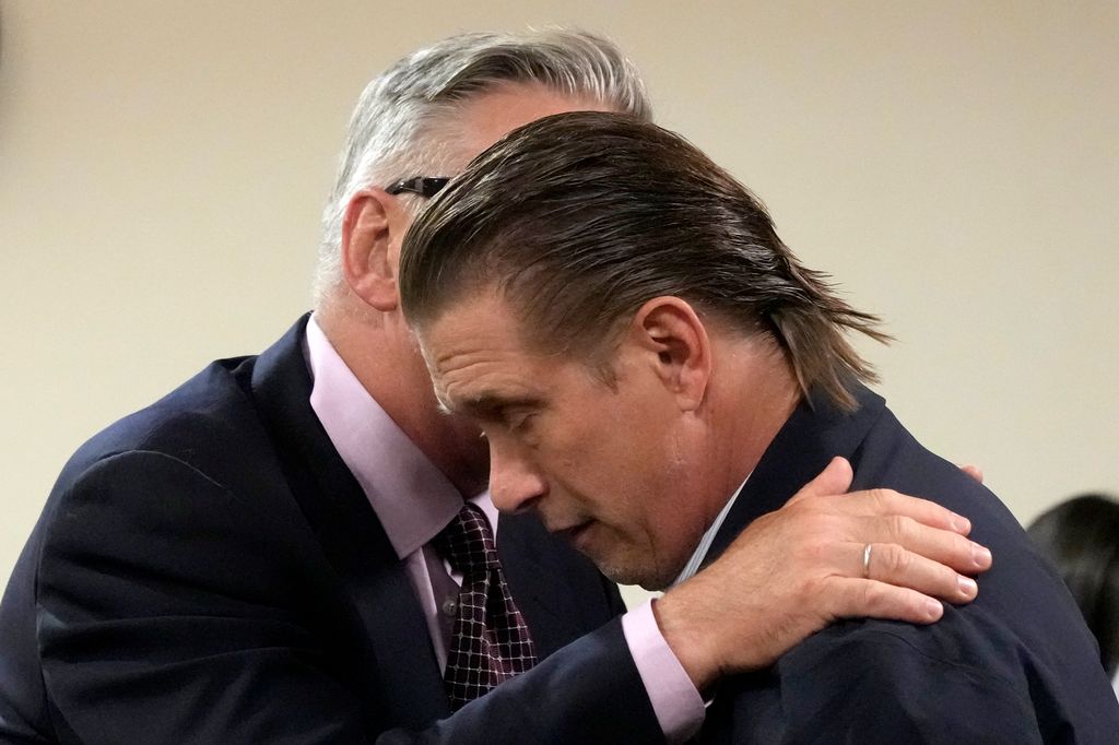 Alec Baldwin (L) embraces his brother, actor Stephen Baldwin, during his hearing at Santa Fe County District Court on July 10, 2024 in Santa Fe, New Mexico. Baldwin is facing a single charge of involuntary manslaughter in the death of cinematographer Halyna Hutchins on the set of the film "Rust".